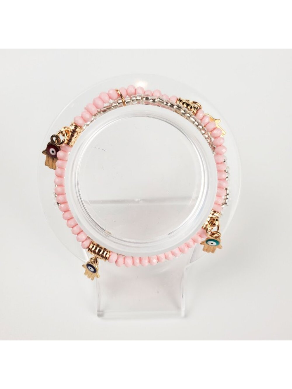 Handmade Evil Eye & Hamsa Charm Beaded Bracelet Set In Pink & Gold